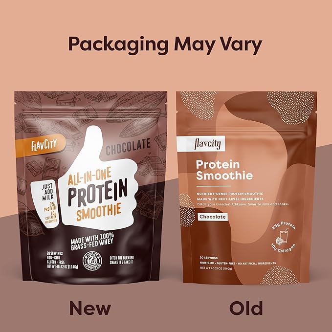 FlavCity Protein Powder Smoothie, Chocolate - 100% Grass-Fed Whey Protein Smoothie with Collagen (25g of Protein) - Gluten Free & No Added Sugars (40.42 oz)