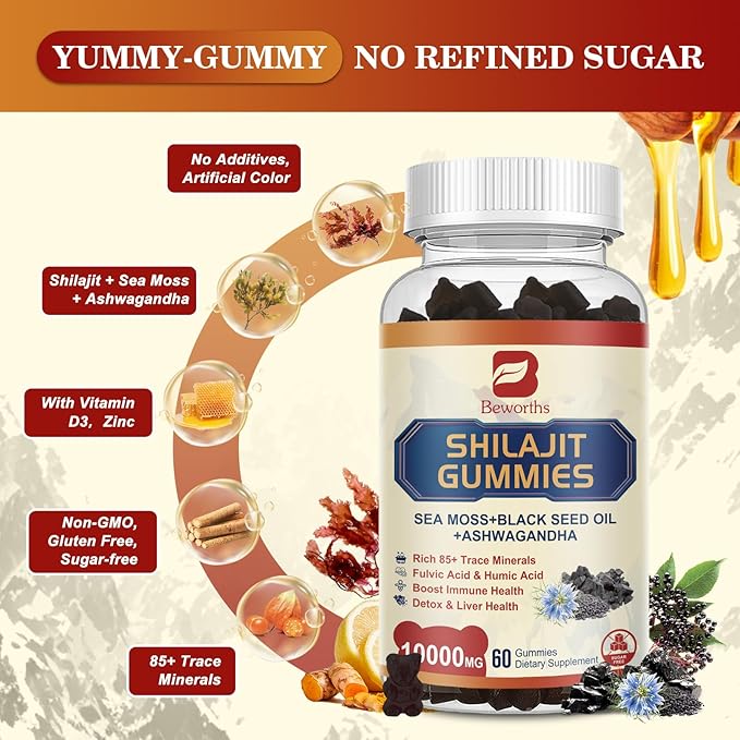 2Pack Shilajit Resin Gummies, Shilajit Sea Moss Supplement with Black Seed Oil, Ashwagandha Ginger, Panax Ginseng, Honey, Shilajit Resin with 85+ Trace Minerals & Fulvic Acid for Energy, Immune Health