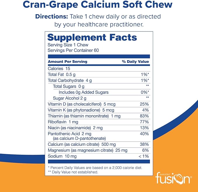 Bariatric Fusion Calcium Citrate & Energy Soft Chew Bariatric Vitamin | Cranberry Grape | Sugar Free | Bariatric Surgery Patients Including Gastric Bypass and Sleeve Gastrectomy | 60 Count