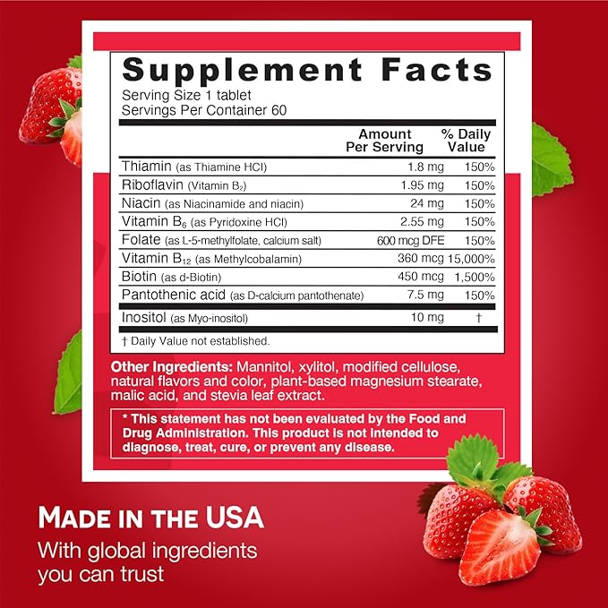 EZ Melts Dissolvable Vitamin B-Complex Tablet with Methyl B12 & Methyl Folate, Sugar-Free, 2-Month Supply