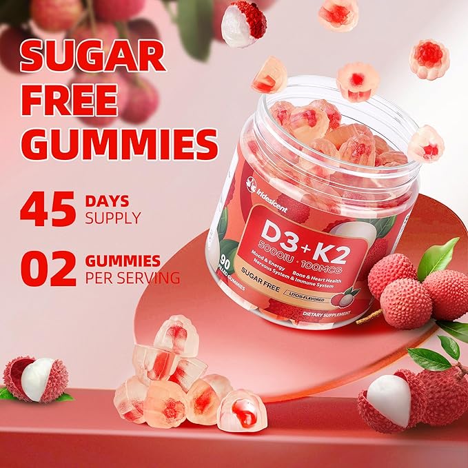 Vitamin D3 K2 Gummies w/Magnesium Sugar Free - 90 Count | D3 Vitamin 5,000 IU + K2(MK-7) 100 mcg - Vegan K2 D3 Vitamin Supplement, Highly Absorbent Supports Bone, Muscle, Mood & Immune(Lychee Flavor)