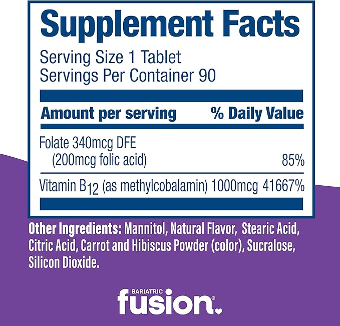 Bariatric Fusion Vitamin B12 Quick Melt | Grape Flavored Tablets | Dissolves On Your Tongue | Post Bariatric Surgery Patients | Gluten, Dairy & Soy Free | 90 Count