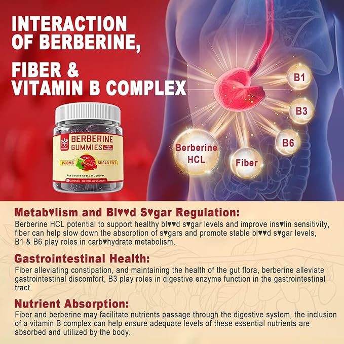 Berberine Supplement 1500mg with Soluble Fiber, B1, B3 & B6, Sugar Free Berberine HCL Gummies, High Bioavailability AMPK Activitor for Metabolism Balanced, Daily Digestive & Body Management, 60 Cts