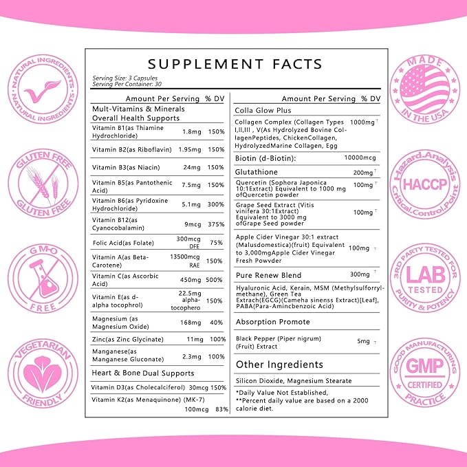 Collagen1000mg Type I, II, III, V, X Multi- Organic Quercetin Grape Seed, Apple Cider Vinegar Botanical Supplement with Biotin Glutathione Multi-Vitamins and Minerals Vitamin 29in1 Made in USA