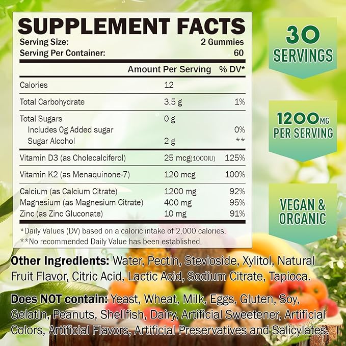 Calcium Citrate Gummies 1200 mg for Kids & Adults, Sugar Free, with Vitamin D3, K2, Magnesium, Zinc, Bone Support for Women & Elders, Natural Pineapple Flavor, 120 Gummies
