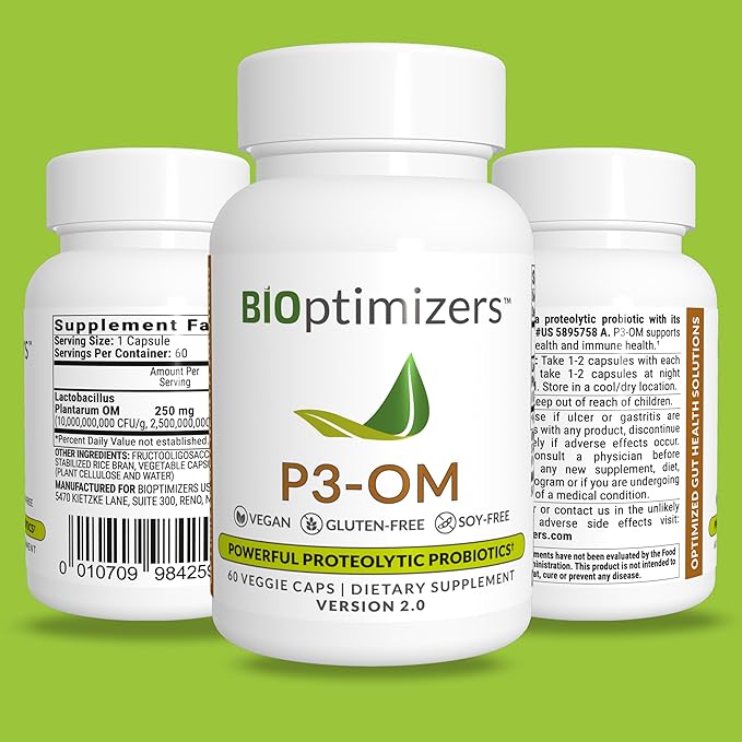 BiOptimizers P3-OM Proteolytic Prebiotics & Probiotics Supplement – Lactobacillus Plantarum for Digestive & Immune Health – Bloating & Gut Relief Support for Men & Women (60 Vegan Capsules)