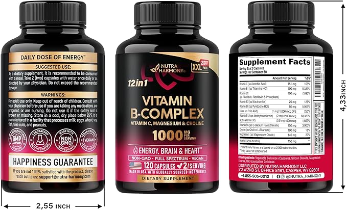 Vitamin B Complex for Men & Women - Made in USA - B-Complex: B1, B2, B3, B5, B6, B7, B8, B9, B12 with Vitamin C, Choline, Inositol - Energy, Brain & Heart Support Supplement, 120 Vegan Capsules