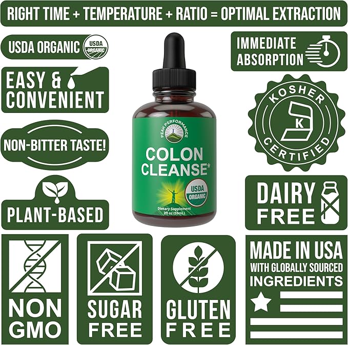 USDA Organic Colon Cleanse Liquid Drops. Vegan, Kosher Colon Cleanser & Detox Supplement with 10+ Super Gentle Herbal Ingredients Including Organic Cascara Sagrada Bark and Organic Yellow Dock Root