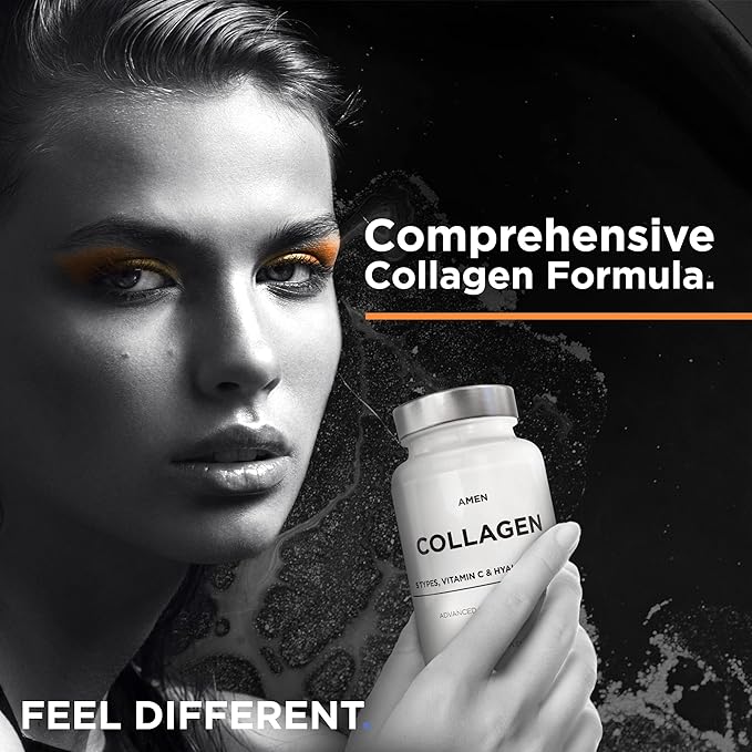 Amen Multi Collagen Peptides Capsules with Hyaluronic Acid and Vitamin C - 5 Types of Collagen Protein Type I, II, III, V, X - Grass Fed Hydrolyzed - 18 Amino Acids - Collagen Supplement - 90 Pills