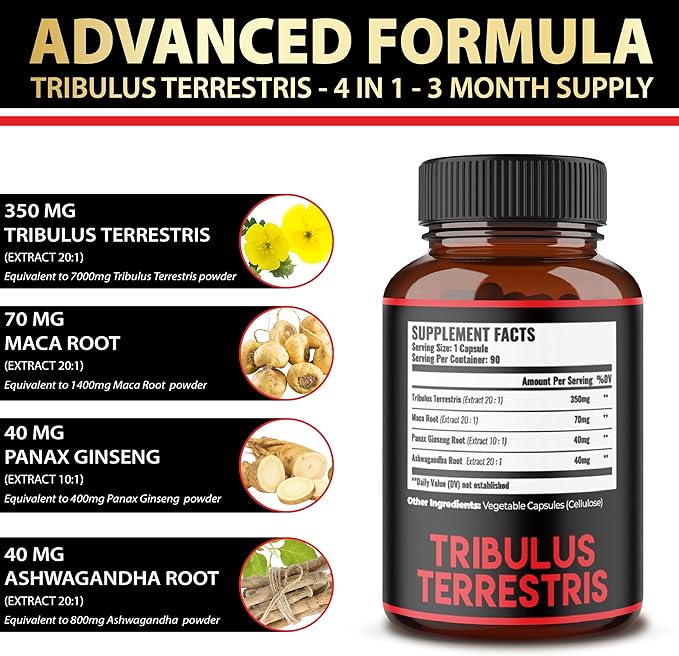 Zolotus Premium Tribulus Terrestris Capsules - Combined with Ashwagandha, Panax Ginseng & Maca - Boost Energy, Mood, Stamina & Immune - 90 Counts for 3 Months
