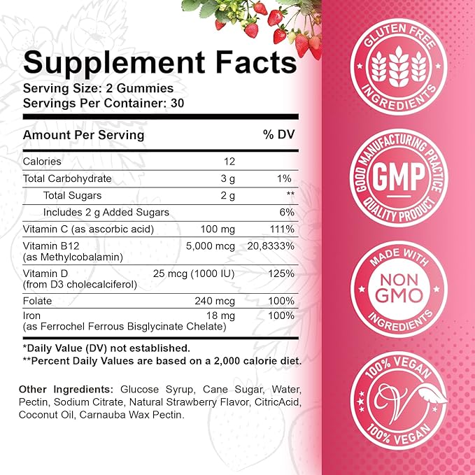Vitamin B12 Gummies - 5000 mcg Methylcobalamin with Iron, Vitamin C, D3 & Folate, Energy Support and Metabolism, Immune, B-12 Complex Chewable Supplement for Men & Women,Strawberry Flavor