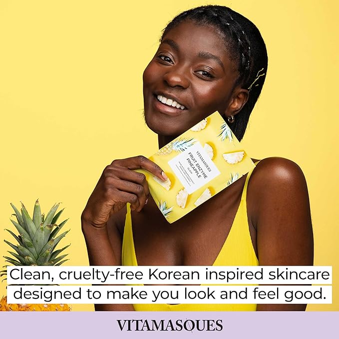 Vitamasques Pineapple Face Sheet Mask 7 Pack - Boost Skins Natural & Dewy Glow with Vitamin C, Hyaluronic Acid, and Pineapple Extracts