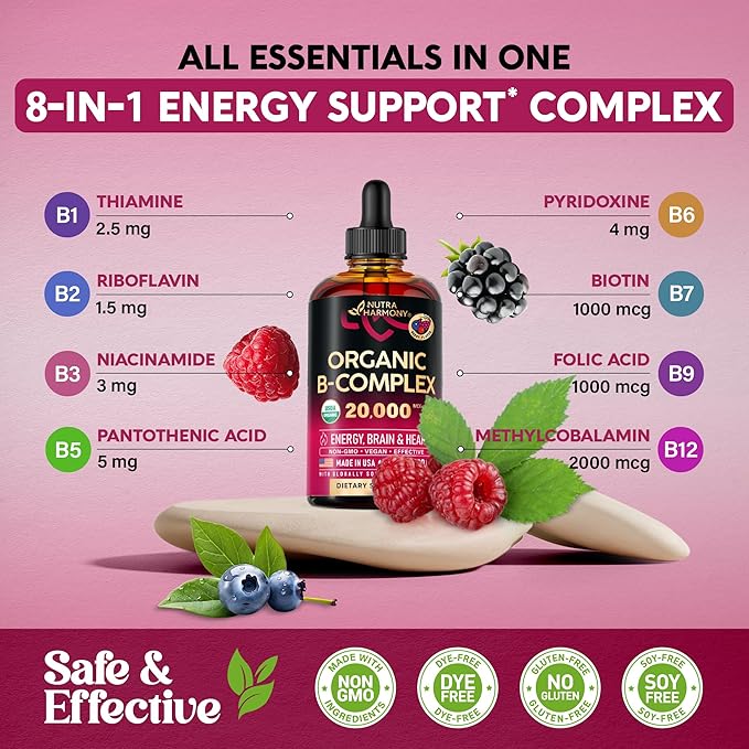 USDA Organic Vitamin B-Complex B5 Pantothenic Acid | B12 Methylcobalamin | B1 Thiamine | B6 Pyridoxine | B7 Biotin | B9 Folic | B3 Niacinamide - B Complex Liquid Drops, Made in USA Supplement, 4fl oz