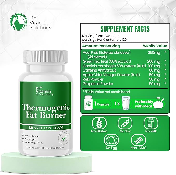 Thermogenic Fat Burner Brazilian Lean, Weight Loss Vitamins, Waist Trimmer & Supplements for Bloating (1 Bottle, 120 Capsules)