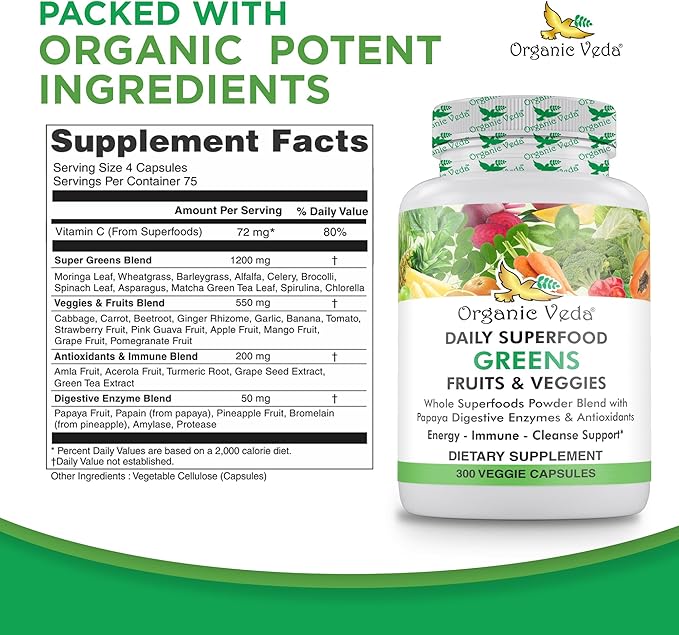 Organic Veda Superfood Greens Fruits & Vegetables 300 Capsules | 30 Daily Organic Fruits & Veggies with Chlorophyll, Papaya Enzymes, Acerola Vitamin C, Turmeric, Beet, Moringa, Green Tea Extract