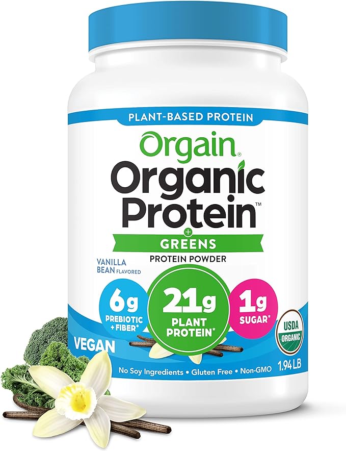 Orgain Organic Vegan Protein Powder + Greens, Vanilla Bean - 21g Plant Based Protein, 6g Prebiotic Fiber for Gut Health, Gluten Free, No Lactose Ingredients, No Sugar Added, Non-GMO - 1.94lb