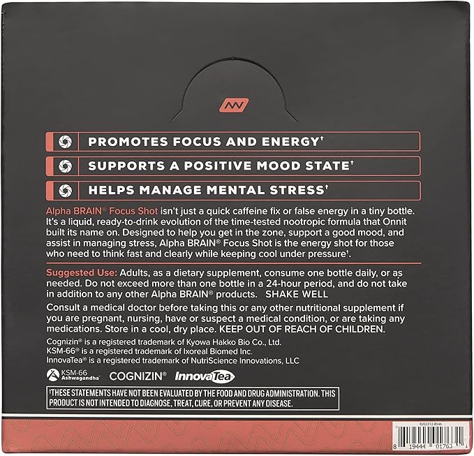 ONNIT Alpha Brain Focus Energy Shot Supplement - Energy, Focus, Mood, Stress, Brain Booster Drink - Peach (2.5 fl oz, 6 ct)