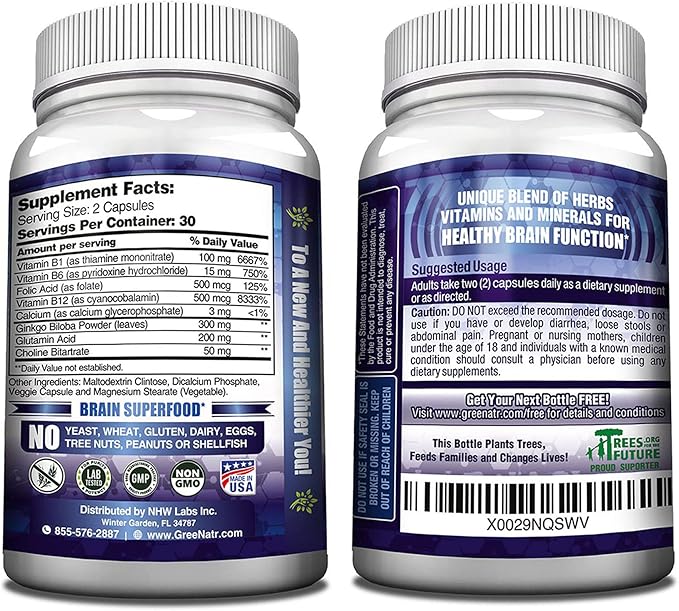 Brain Supplements for Memory and Focus - Ginko Biloba Capsules Brain Booster Supplement with B1, Folic Acid & Calcium - Memory Supplements for Cognitive Function & Brain Health 3 Bottles