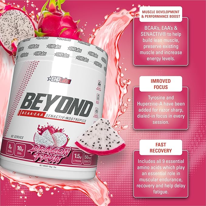 EHP Labs Beyond BCAA Powder Amino Acids Post Workout Recovery - BCAAs Essential Amino Acids EAA Supplements Powder - 10g Amino Acids Supplement for Muscle Recovery, 60 Servings (Dragon Fruit)