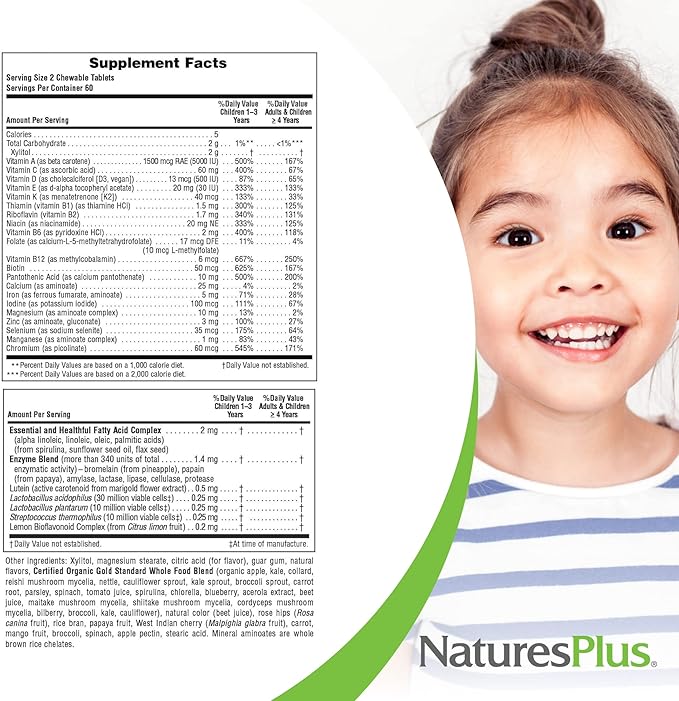 Natures Plus Animal Parade Gold Children's Chewable Multivitamin - Natural Cherry Flavor - 120 Animal Shaped-Tablets, Pack of 2 - with Vitamin D3, K2 & Probiotics - 120 Total Servings