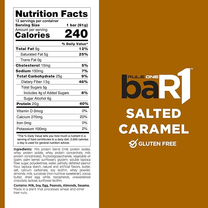 Rule 1 baR1 Crunch Bar - On-The-Go Convenient Protein Snack Bars with 20g Premium Protein, Naturally-Packed with EAAs/BCAAs, Hunger-Filling Fiber (12 Count Box, Salted Caramel)