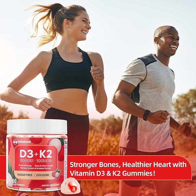 Vitamin D3 K2 Gummies w/Magnesium Sugar Free - 60 Count | D3 Vitamin 5,000 IU + K2(MK-7) 100 mcg - Vegan K2 D3 Vitamin Supplement, Highly Absorbent Supports Bone, Muscle, Mood & Immune(Lychee Flavor)