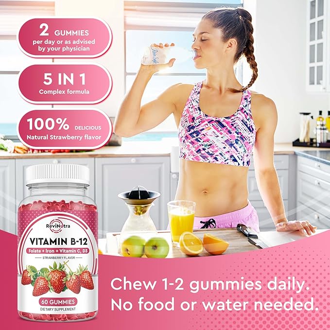 Vitamin B12 Complex Gummies - 5000 mcg Methylcobalamin with Iron, Vitamin C, D3 & Folate, Energy Support & Metabolism, Immune, B-12 Chewable Supplement for Men & Women, Strawberry Flavor, 2 Pack
