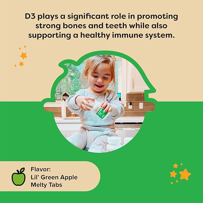 Renzo's Dynamite Vitamin D3 - Dissolving Kids Vitamin D3-60 Sugar-Free Melty Tabs, Lil’ Green Apple Flavored
