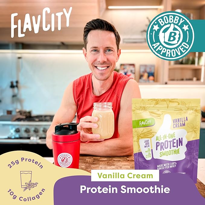 FlavCity Protein Powder Smoothie, Vanilla - 100% Grass-Fed Whey Protein Smoothie with Collagen (25g of Protein) - Gluten Free & No Added Sugars (29.84 oz)