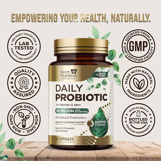 Daily Probiotic and Acidophilus Prebiotic Supplement 60 Billion CFU Capsule for Women & Men - 10 Diverse Strains - for Bloating Gas & Digestive Gut & Immune Health Support, Gluten Free - 60 Capsules