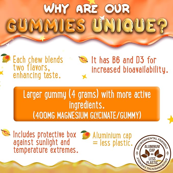 Magnesium Glycinate Gummies 400mg - Magnesium for Sleep, Calm, Relax & Muscle Relief with B6 & D3 and No Melatonin - Family-Friendly for Kids, Teens & Adults - Vegan & Non-GMO Supplement - 120 Count