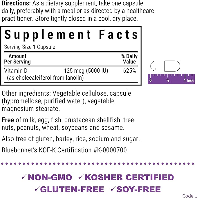 Bluebonnet Vitamin D3 5000 IU Vegetable Capsules, 120 Count
