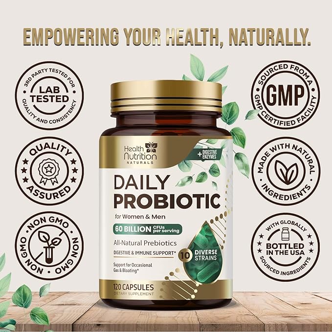 Daily Probiotic and Acidophilus Prebiotics Supplement 60 Billion CFU Capsule for Women & Men - 10 Strains Plus Digestive Enzymes - for Bloating Gas & Gut & Immune Health Support - 120 Capsules