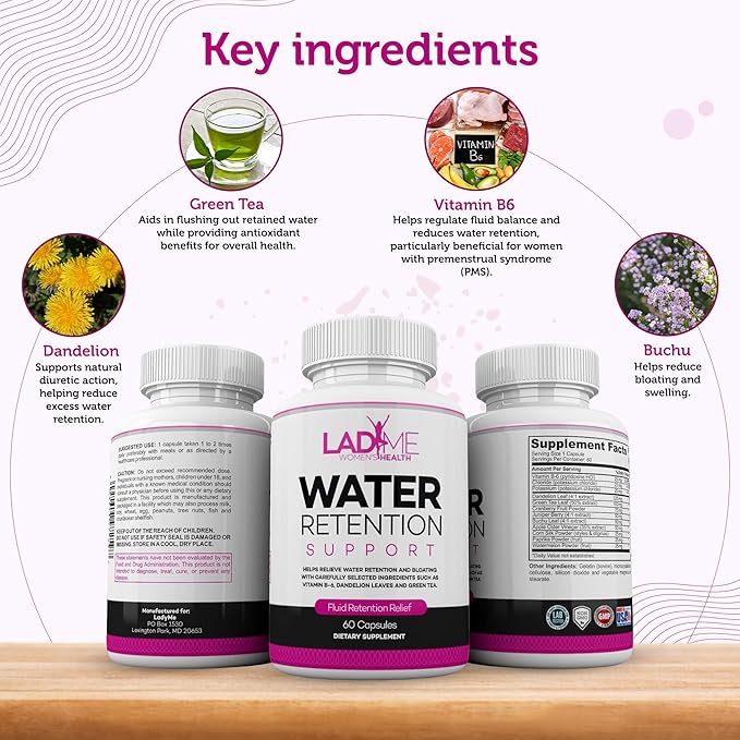Water Retention Pills for Women Bloating Relief with Vitamin B6, Dandelion & Green Tea Natural Diuretic for Water Draining, Bloating & Swelling Detox Capsules - 60 Caps (2 Months Supply) - by LadyMe
