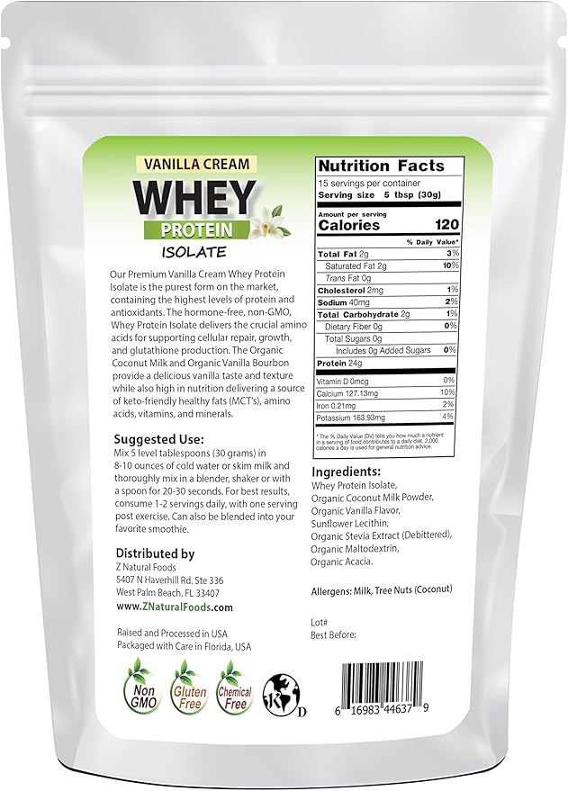 Z Natural Foods Vanilla Cream Whey Protein Isolate, Nutrition-Rich, Flavorful Protein Powder for Heart Health and Immunity, Great in Tea, Coffee, Smoothie, Non-GMO, Gluten-Free, Kosher, 1 lb.