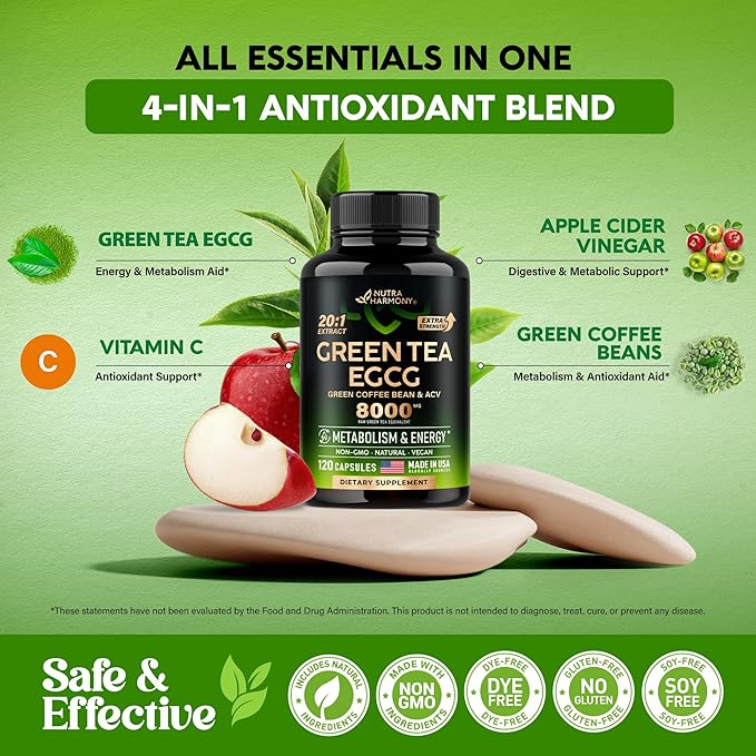 Green Tea Extract Capsules with Green Coffee Beans & Apple Cider Vinegar - Energy & Metabolism Support - Green Tea Supplement 50% EGCG - 20:1 Natural Extract - for Men & Women - 120 Vegan Capsules