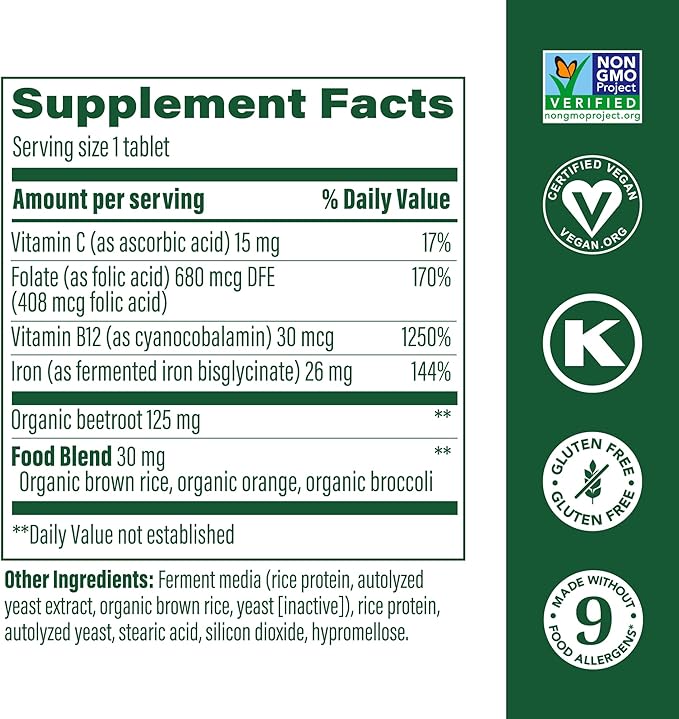 MegaFood Blood Builder - Iron Supplement Clinically Shown to Increase Iron Levels without Side Effects - Iron Supplement for Women with Vitamin C, Vitamin B12 and Folic Acid - Vegan - 90 Tabs