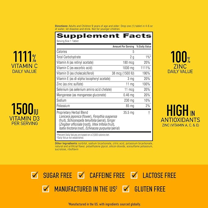 Airborne 1000mg Vitamin C with Zinc, SUGAR FREE Effervescent Tablets, Immune Support Supplement with Powerful Antioxidants Vitamins A C & E - 30 Fizzy Drink Tablets, Zesty Orange Flavor
