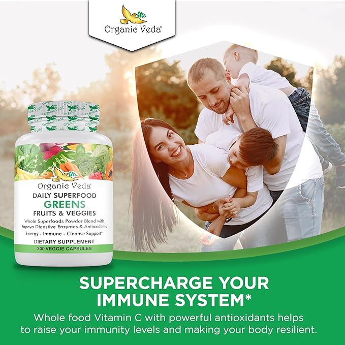Organic Veda Superfood Greens Fruits & Vegetables 300 Capsules | 30 Daily Organic Fruits & Veggies with Chlorophyll, Papaya Enzymes, Acerola Vitamin C, Turmeric, Beet, Moringa, Green Tea Extract