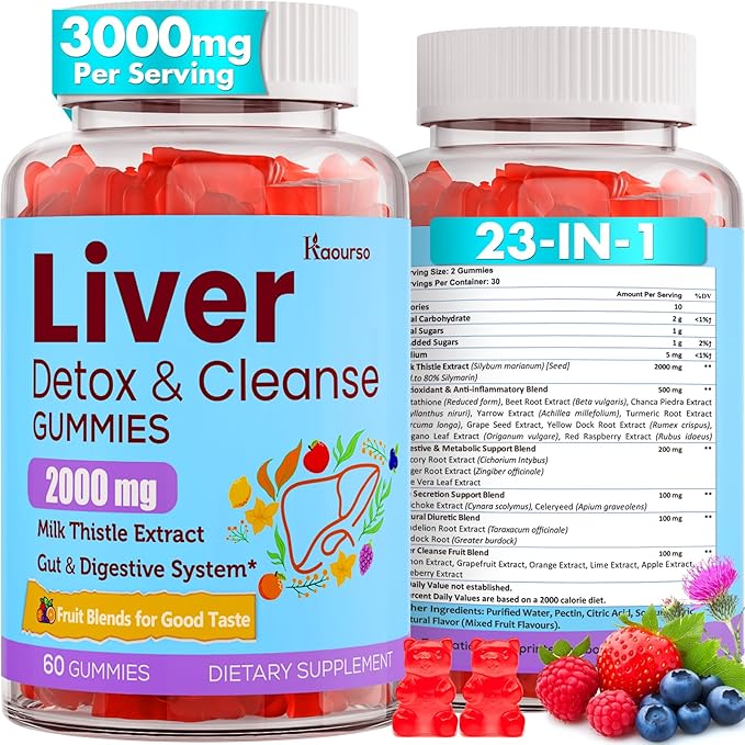 3000mg Liver Cleanse Detox & Repair Gummies | Milk Thistle 2000mg with Turmeric Dandelion Root & Artichoke for Liver Detox, Liver Support & Renew, Antioxidant, Gut, Skin - Fruit Flavor, 60 Gummies