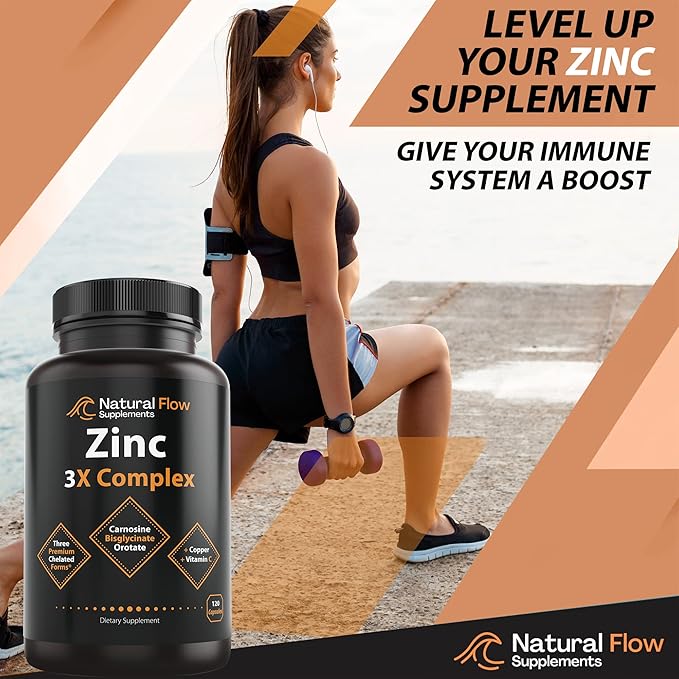 Zinc Supplement Complex with Copper and Vitamin C - Natural Flow 3X Zinc Carnosine, Bisglycinate Chelate, and Orotate, Chelated Zinc Copper, Easy on The Stomach, Skin and Immune Support, 120 Capsules