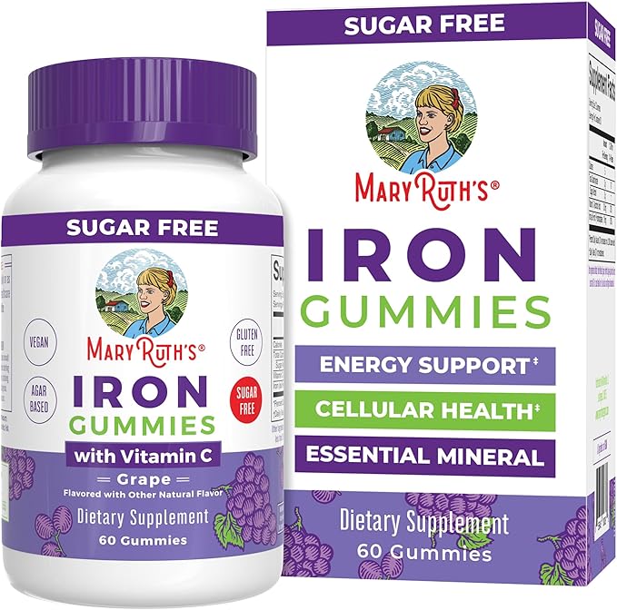 MaryRuth Organics Iron Suppleme nt Gummies for Adults | Sugar Free | Gummy Iron Supplements Vitamin C for Ages 14 | Iron Supplement for Iron Deficiency | Immune Support | Vegan | Non-GMO | 60 Count