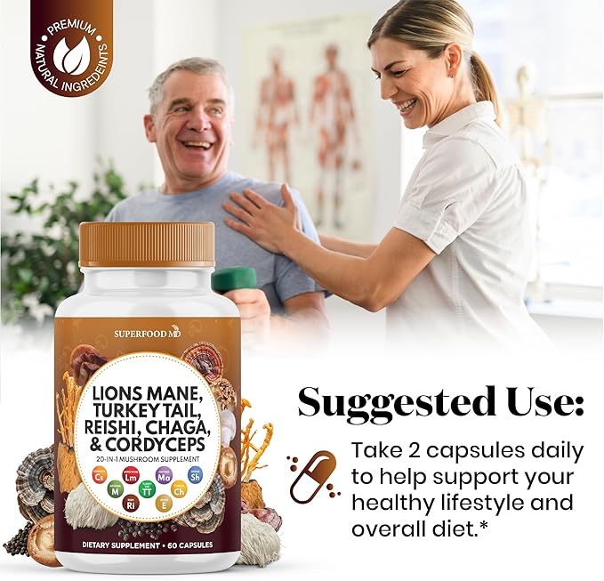 Lions Mane 3000mg 20in1 Mushroom Supplement with Turkey Tail 2000mg Reishi 1000mg Cordyceps Chaga 1000mg with Marshmallow Root - 60 Count