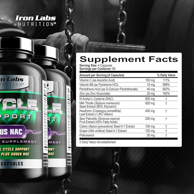 Iron Labs Nutrition Cycle Support Plus NAC (N-Acetyl-L-Cysteine) - On Cycle Support Supplements for Men - with N Acetyl L Cysteine, Milk Thistle, Hawthorne Berry and More (240 Capsules)