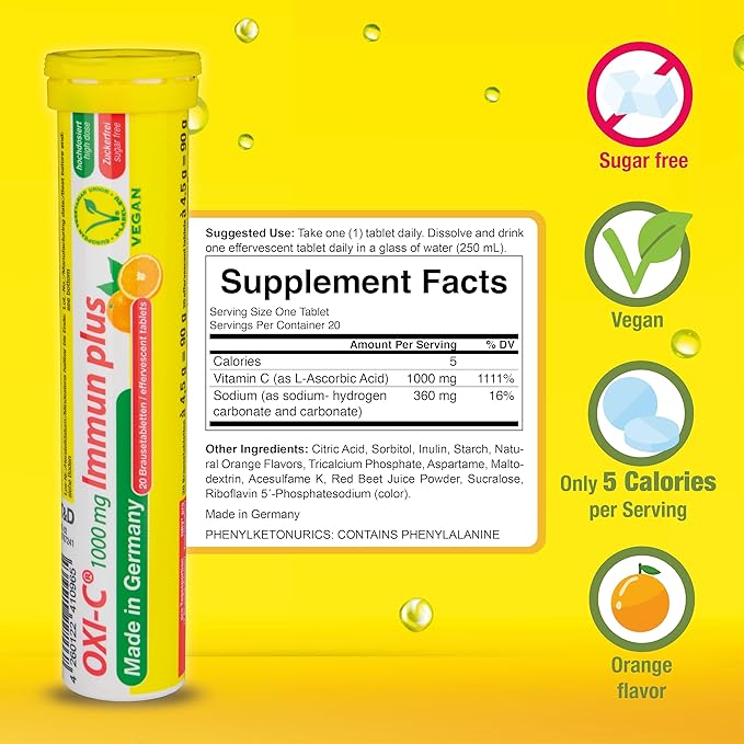 T&D Oxi C 1000 mg Vitamin C - 140 Vegan Drink Effervescent Tablets - Orange Flavor - Made in Germany