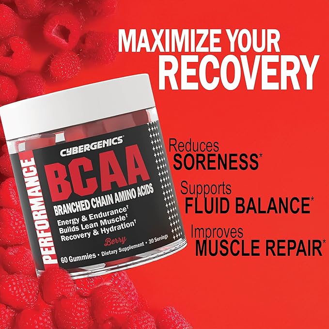 BCAA Gummies, Energy Chews with Electrolytes Branched Chain Amino Acids, Build Lean Muscle and Boost Endurance, 60 Gummies, Berry Flavored