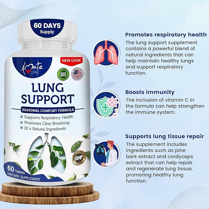 Amate Life Lung Support Dietary Supplements Herbal Breathing Support 10 Active Ingredients Original Formula for Lung Health Lung Cleanse Formula Supplement for Bronchial System 60 Capsules Non GMO