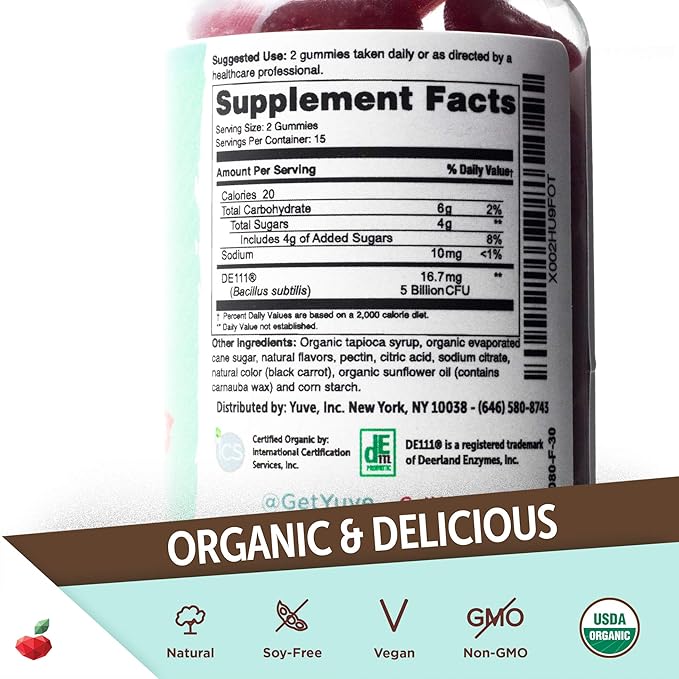 Yuve Vegan USDA Organic Probiotic Gummies - 5 Billion CFU - Promotes Digestive Health & Immunity - Helps with Constipation, Bloating, Detox, Leaky Gut & Gas Relief - Natural, Non-GMO, Gluten-Free 30ct