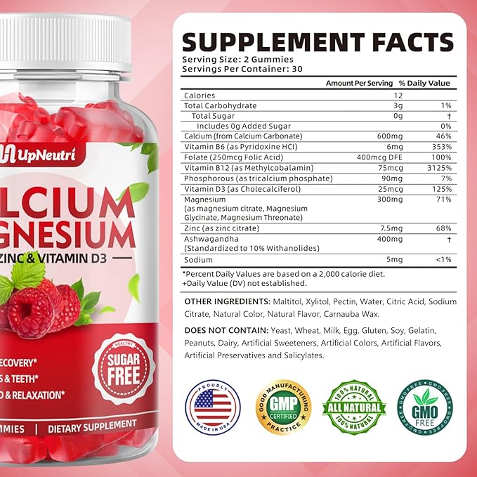 Calcium Magnesium Zinc with Vitamin D3 Gummies, Sugar Free Calcium Supplements for women men, High Absorption Zinc Gummies for Bone & Muscle & Immune Health, Vegan Raspberry Flavor - 120 Count
