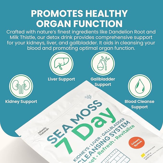 Atlantic Naturals Sea Moss 7 Day Detox Liver, Gallbladder & Kidney Cleanse - Support with Dandelion Root, Milk Thistle, Burdock Root, Red Clover, Chanca Piedra - Pineapple Flavor Drink Mix (14 oz)